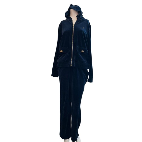 Lauren Ralph Lauren Large Dark Blue Velour Track Suit Zip Jacket Pants Set LRL - Picture 2 of 11